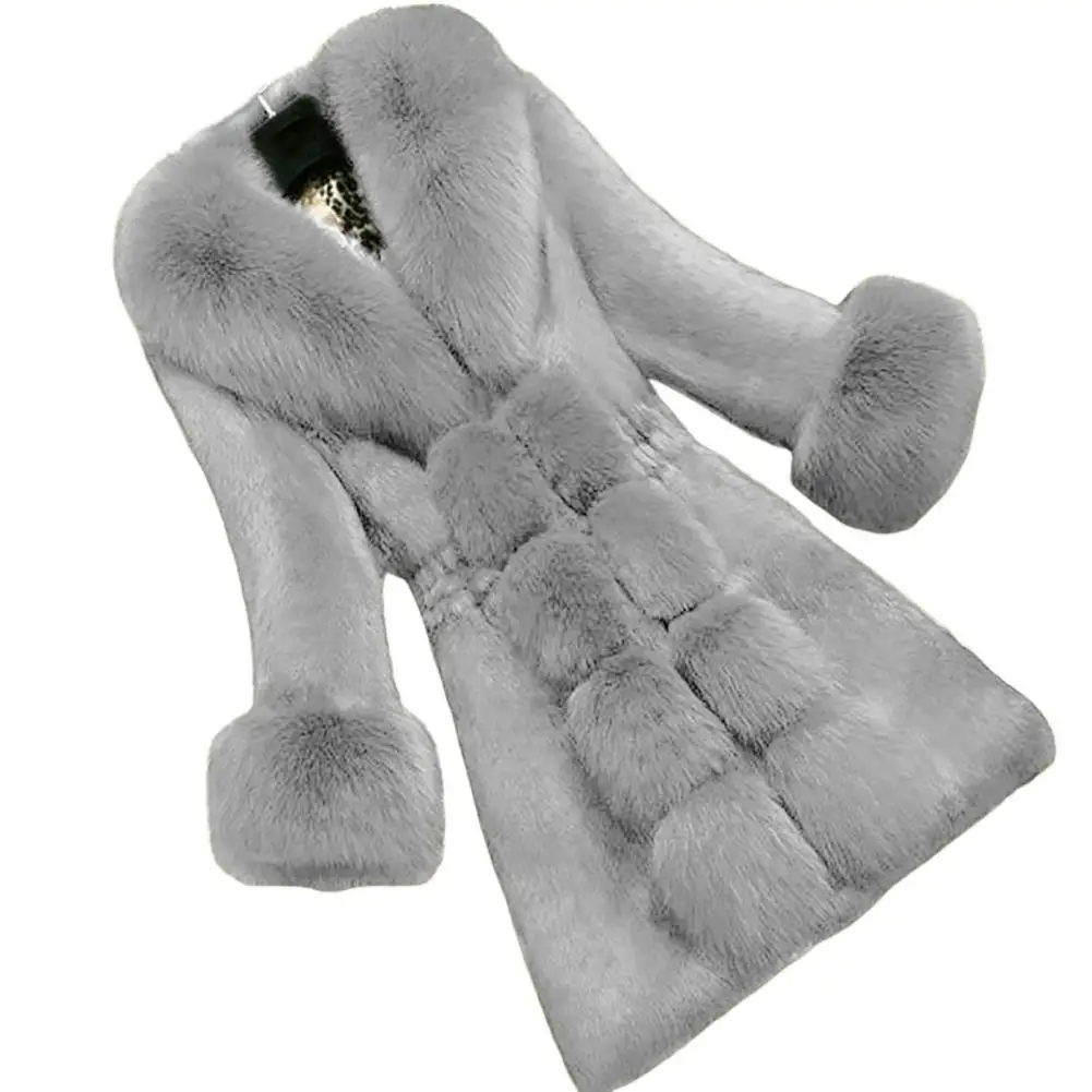 

WinterWomen Coat Pocket V Neck Long Sleeves Thickened Windproof Keep Warm Slim Fit Lady Mid-length Faux Fur Collar Overcoat