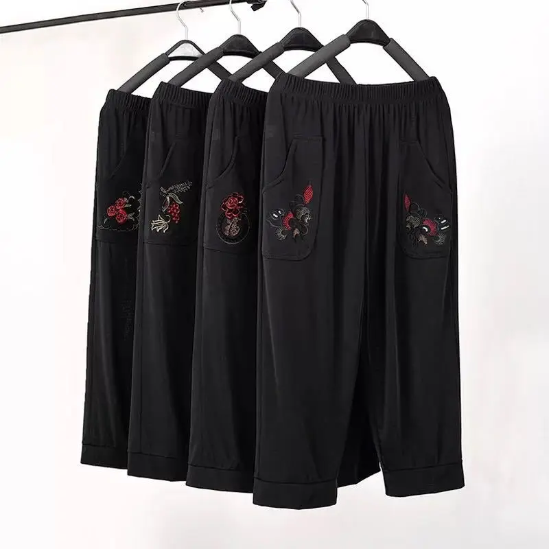 

2022 Summer Middle Aged Women Cotton Ankle Length Pants Fashion Casual Loose Pants Female Elastic Waist Straight Trousers P68