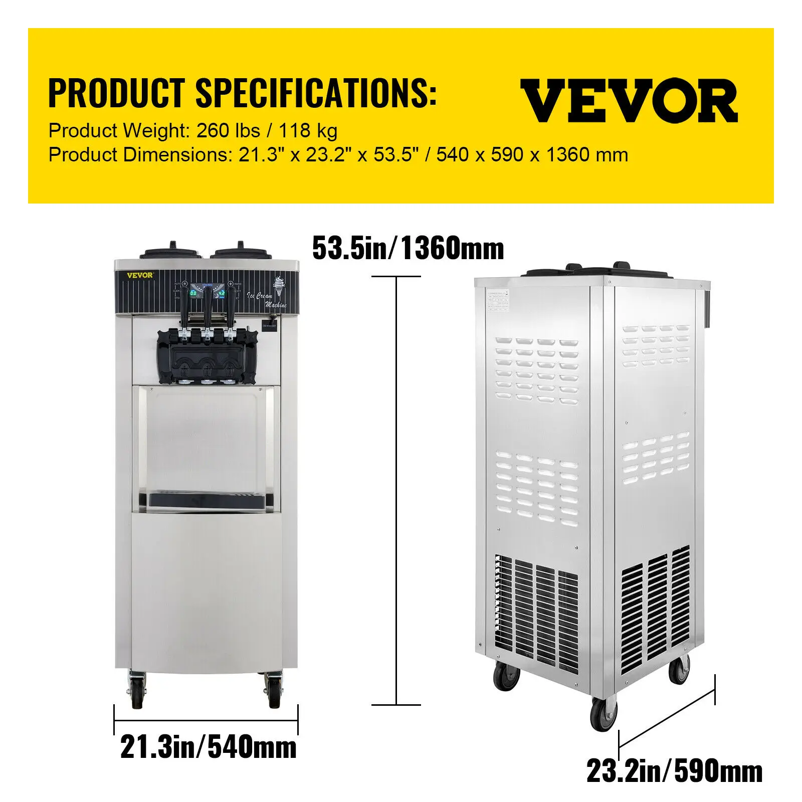 

Commercial 20-28L/H Ice Cream Machine Mix Flavor Ice Cones Maker 2200W Portable
