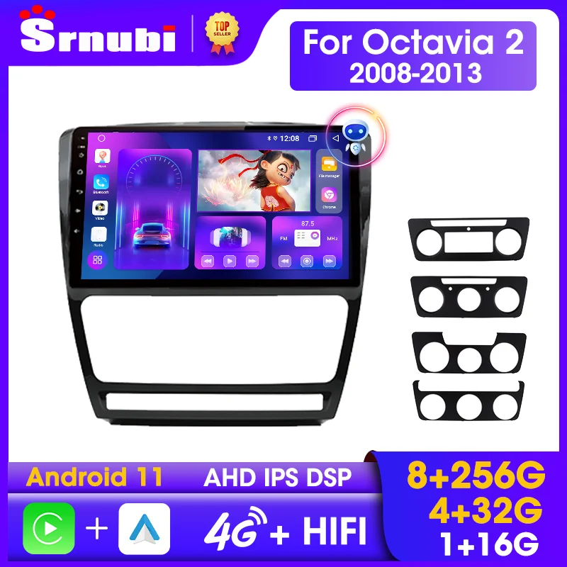 Srnubi 2 Din for Skoda Octavia 2 A5 2008 2009 2010 2011 2012 2013 Android 11 Car Radio Multimedia Player Carplay GPS Stereo DVD