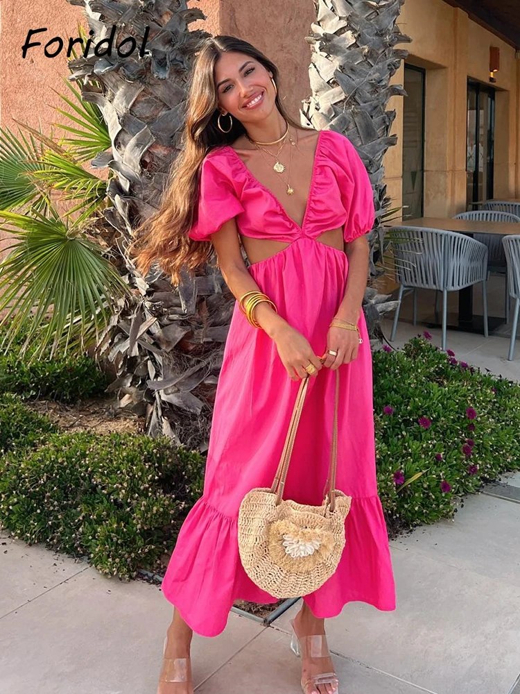 

Foridol Poplin Rose Red Hollow Out Women Casual Summer Maxi Backless Dress V Neck Elegant Beach Party Robe Female Vestidos