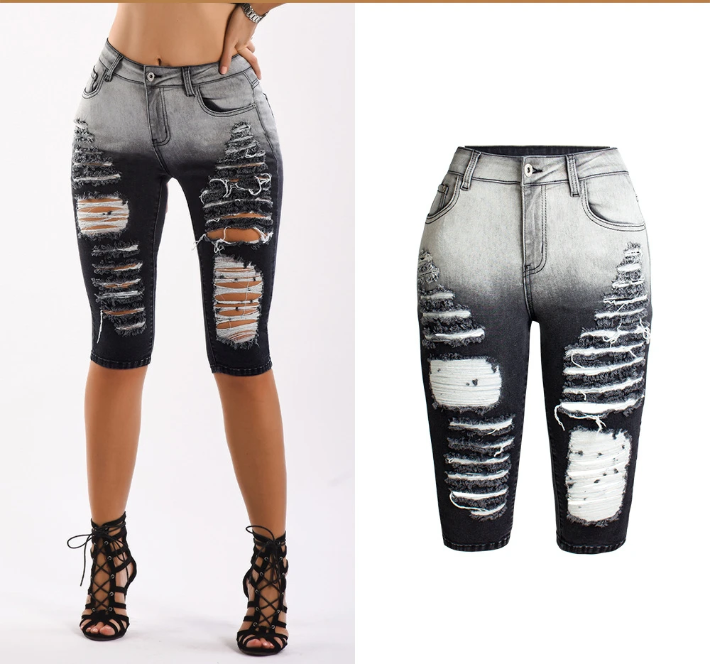 2023 Women's New Jeans Stretch Hole Straight Denim Five-point Pants Black Cow Casual Pants Female