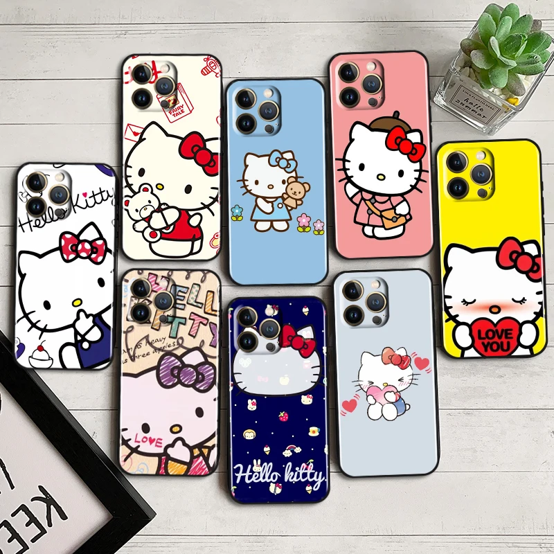 

Cartoon Cute Hello Kitty Case For Apple iPhone 14 13 12 11 Pro Max Mini XS Max X XR 7 8 6 5 Plus Black Phone Cover