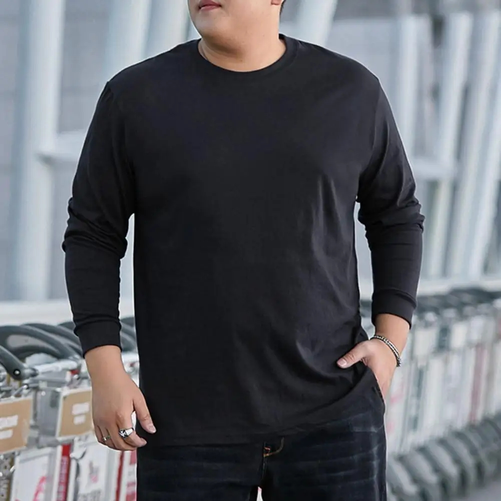 

Men T-shirt Solid Color Autumn Winter Streetwear Loose Round Neck T-shirt Men Pullover Top for Outdoor