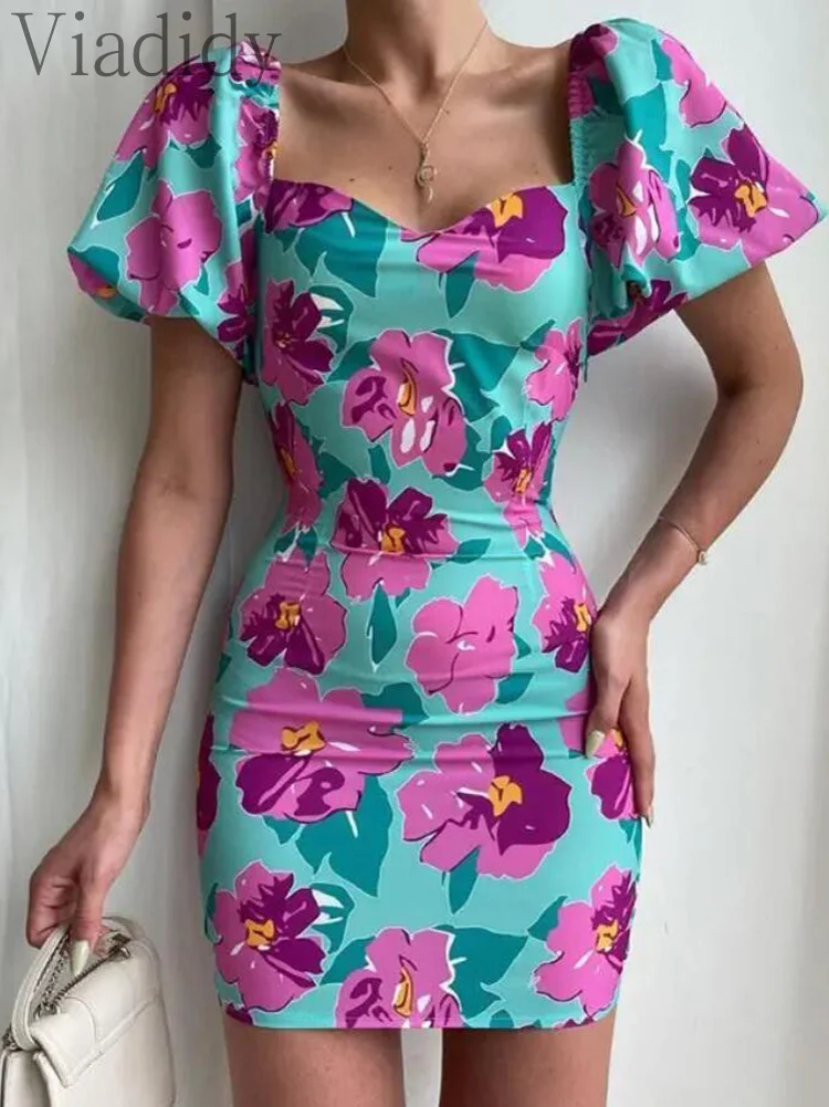 

Women Summer Square Neck Puff Sleeve Floral Print Bodycon Dress