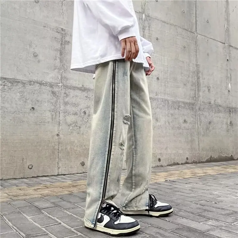 DEEPTOWN Zipper Ripped Jeans Casual Denim Pants Men Trousers Male Fashion Loose Spring Autumn Hip Hop Streetwear Korean hole