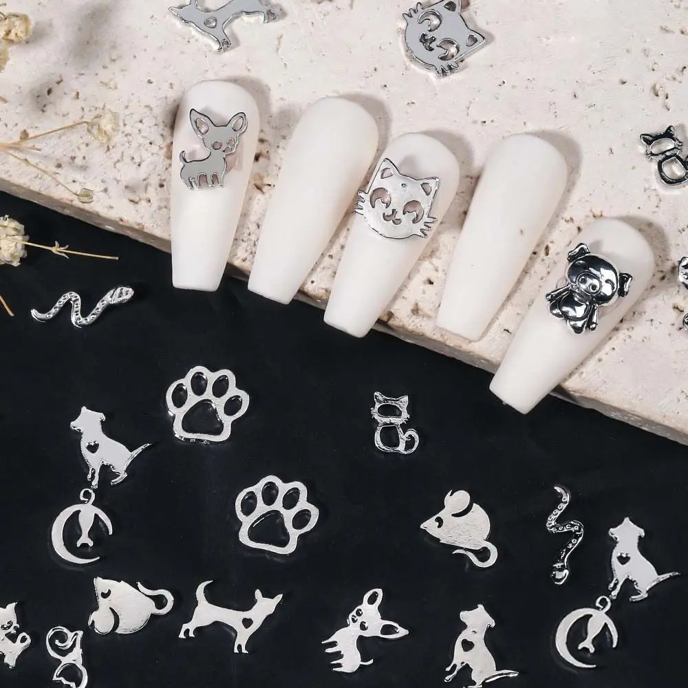 

10Pcs Alloy Nail Decorations Hollow Metal 3D Nail Drills Silver Cat Snake Mouse Dogs Pigs Animals Manicure Rhinestones Jewelry