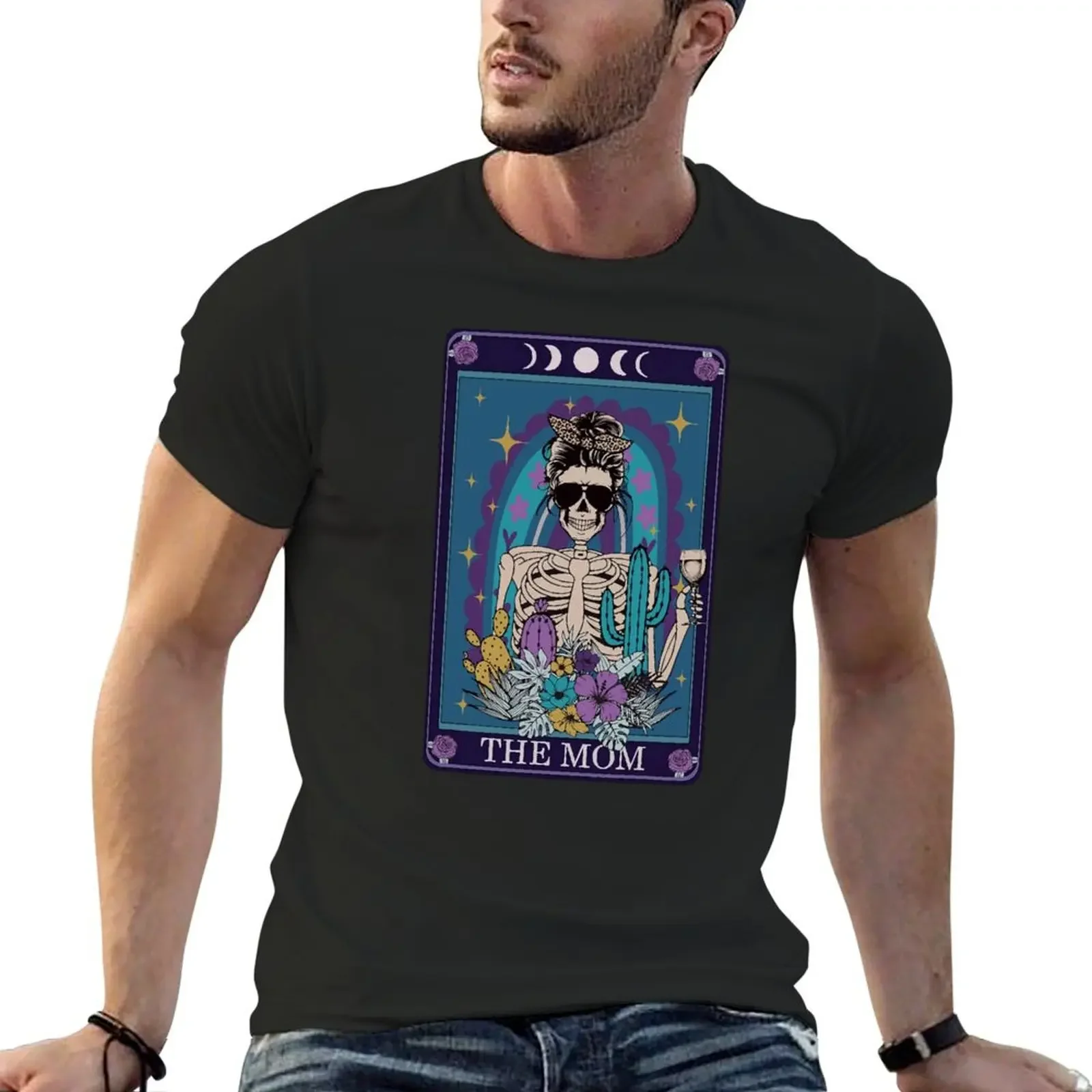 Skeleton Skull Messy Bun Mom Tarot Card The Halloween (1) T-Shirt heavyweights graphic shirts men workout shirt