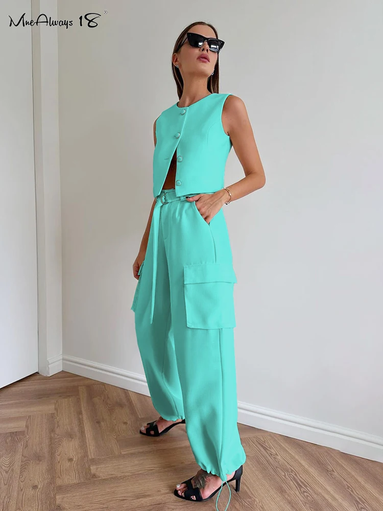 

Mnealways18 Blue Office Ladies Two Pieces Pants Suits Blazers Top Cargo Pants Business Sets Women With Belt Trousers Outfit 2023
