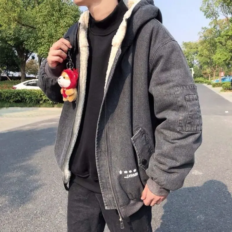 

New Lamb Wool Men's Plush Thickened Denim Autumn and Winter Boys' Cotton Jacket