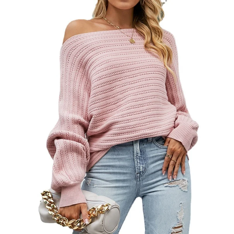 

Solid Color Hollow Out Bat Knit 2023 Autumn/Winter New Casual Product Lantern Sleeve Off Shoulder Pullover Sweater for Women