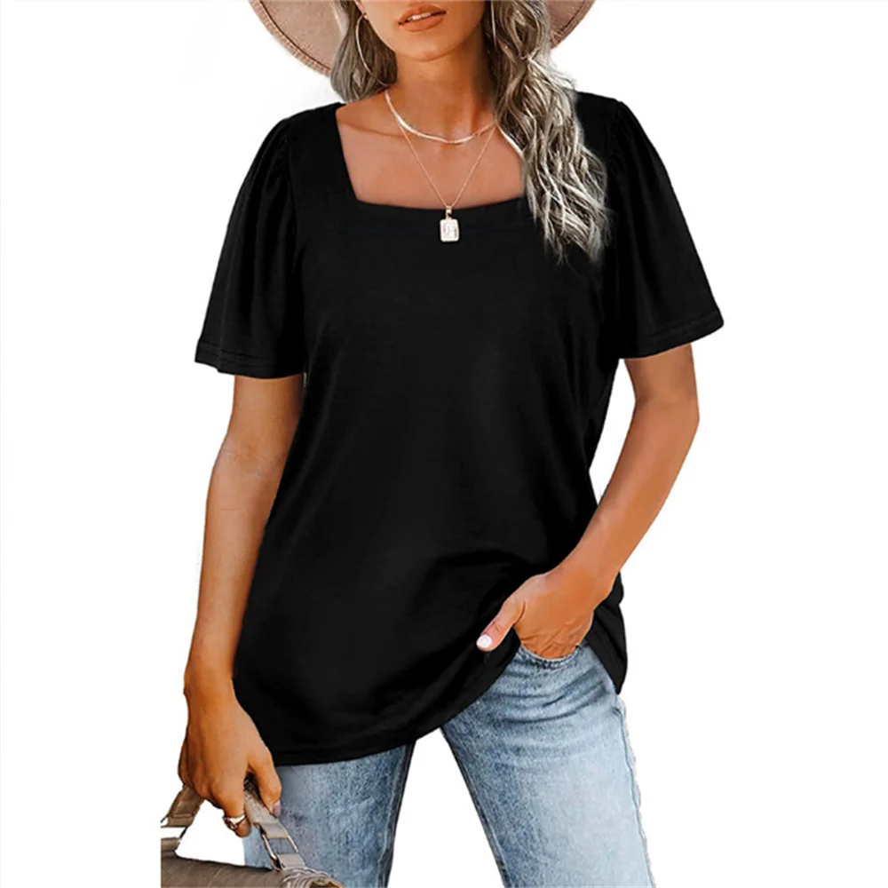 Купи Summer Casual Solid Color T-Shirt Blouse Women Elegant Square Neck Fold Short Sleeve Patchwork T-Shirt Fashion Ladies Street Top за 511 рублей в магазине AliExpress