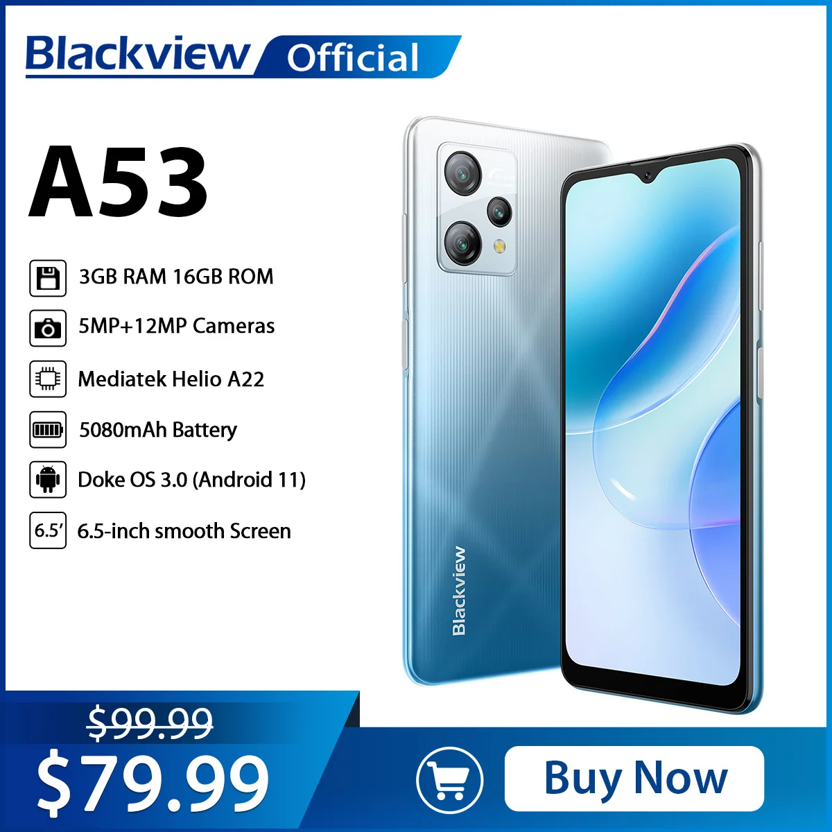 Blackview A53 Smartphone 3GB+16GB 6.5 Inch Android 12 Cellphone Quad Core Mobile Phone 5080mAh Dual 4G 12MP Rear Cameras