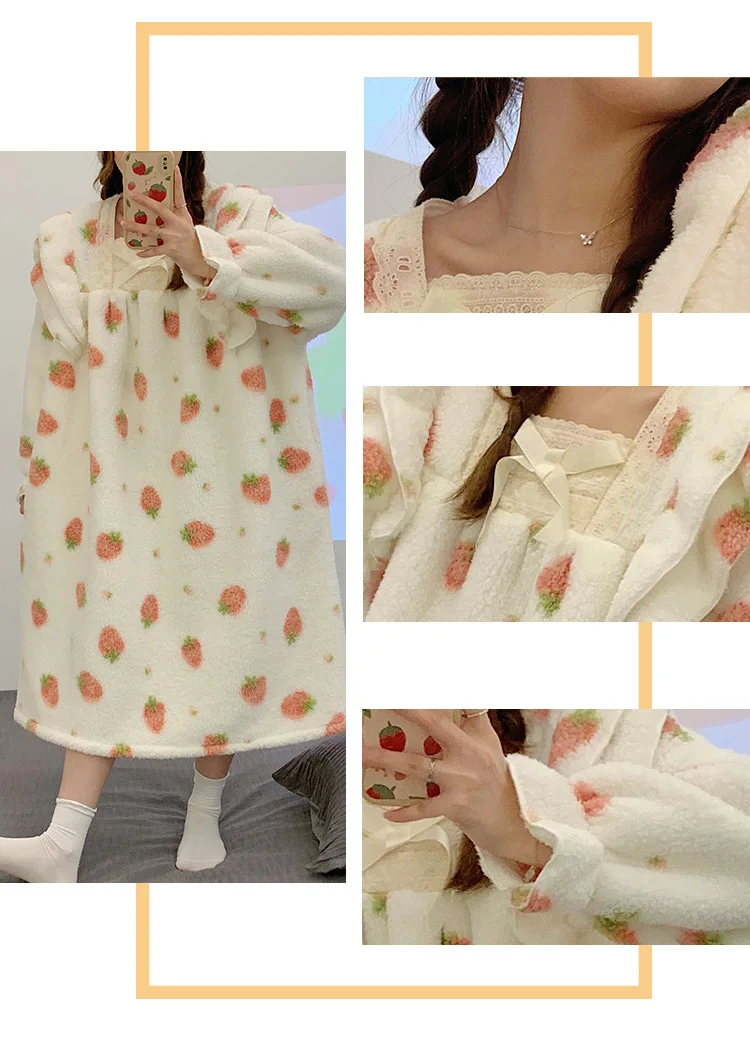 Yasuk Winter Fashion Women's Casual Lovely Print Strawberry Lace Warm Soft Sleepwear Loose Pajamas Nightdress Flannel Pullover