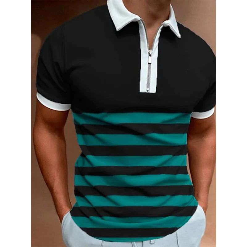 

Рубашка-поло мужская с отложным воротником, Повседневная футболка с принтом в полоску, на молнии, с короткими рукавами, в стиле пэчворк, лето