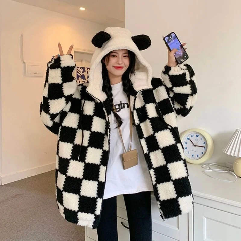 

Deeptown Kawaii Women Plaid Hoodies Oversized Harajuku Cute Top Korean Fashion Female Zip Up Sweatshirt Black White Fleece Check