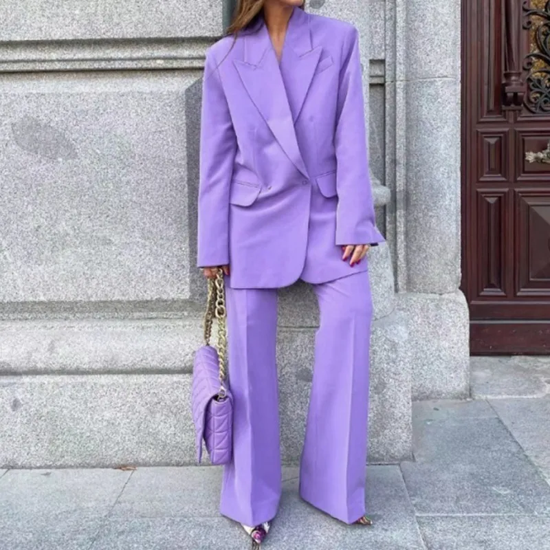 

2022 Vintage Women Double Breasted Pockets Office Lady Jackets Elegant Outwear Solid Purple Oversized Long Blazer