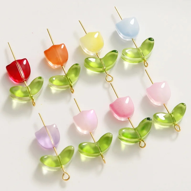 30pcs/Lot 9mm Tulips Flower Lampwork Beads Multicolor Glass Flora Beads Multicolor Loose Beads For DIY Bracelets Jewelry Making