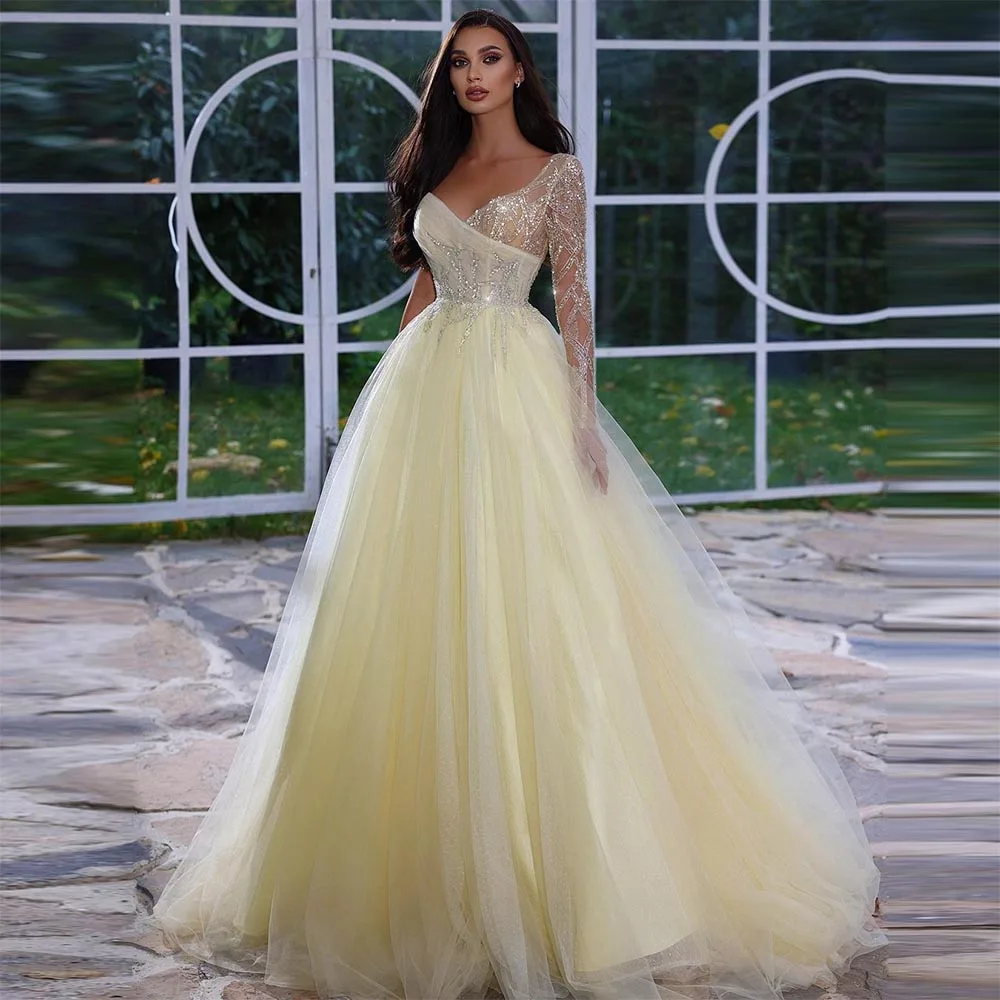 

2022 Long Tulle Prom Dresses One Shoulder Sequined Beading V-Neck A-Line Dress Long Sleeves Wedding Party Gown