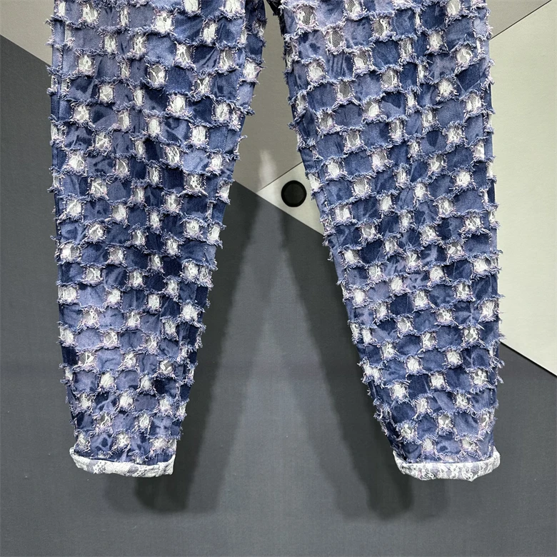 Tie-Dyed Ripped Lace Patchwork Jeans Women's European Station 2023 Summer New High Waist Slimming Tappered Harem Denim Pants