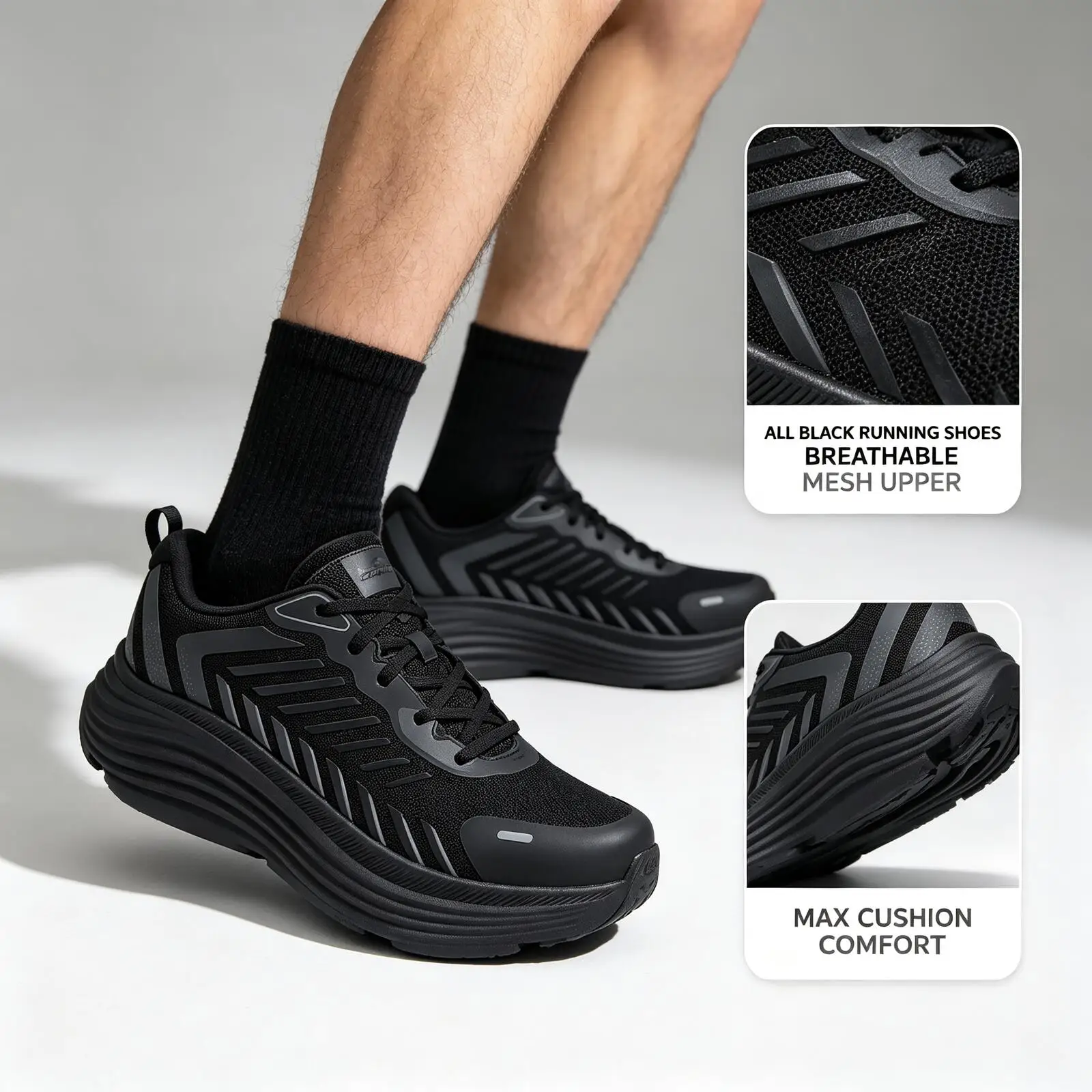 Фото Новые мужские кроссовки Skechers 220614‑BBK, полностью черные, с толстой амортизирующей подошвой, дышащие, легкие, спортивные, для пар. №1