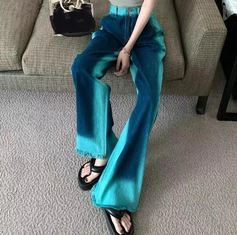 

Джинсы женские в стиле ретро с эффектом потертости, модные прямые брюки в стиле Хай-стрит с градиентом, свободные Популярные Широкие штаны в стиле хип-хоп для девушек