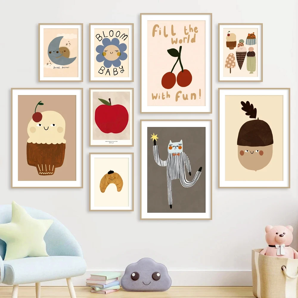 Винтажный постер с изображением кота вишни мороженого яблока солнца Луны