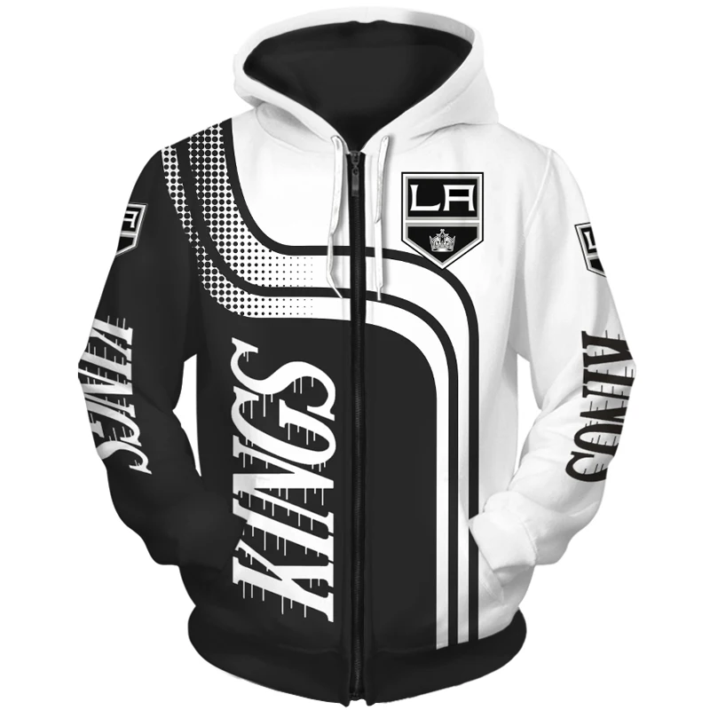 

Los Angeles men's Fashion Long Sleeve 3D Kings Zip Hoodies Black And White Stitching Letter Crown Printing Sweatshirt
