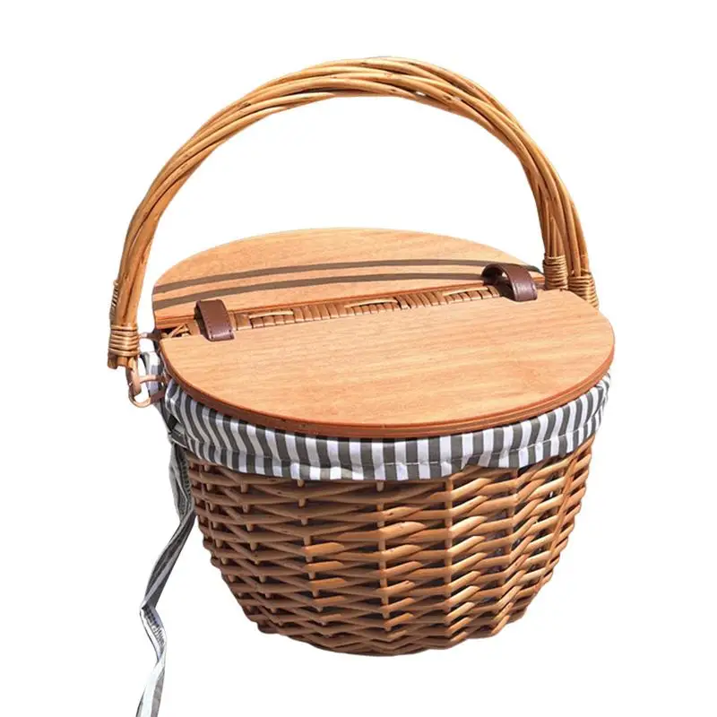 

Picnic Basket Wooden Split Lid Picnic Basket Vintage-Style Wicker Picnic Hamper With Folding Woven Handle For Picnic Camping