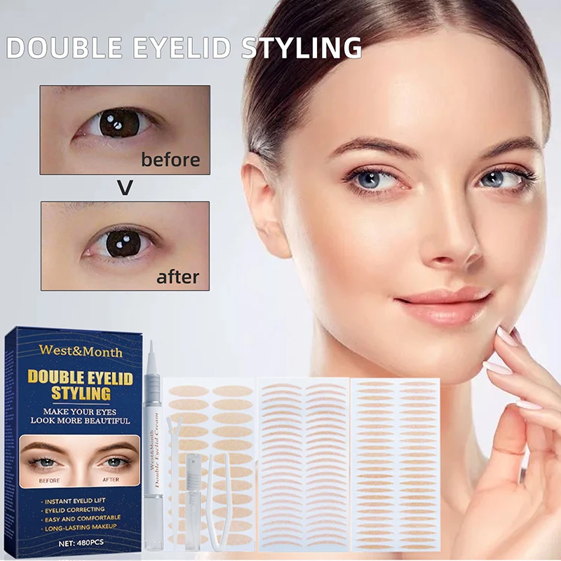 480pcs Invisible Double Eyelid Tape Self-Adhesive Sticky Breathable Big Eye Lace Eye Lid Lift Strips for Hooded Uneven Droopy