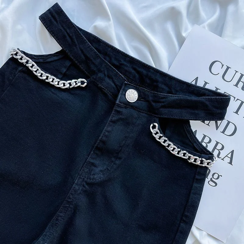 Straight Full Pants Women's Black Sexy Jeans High Waist Denim Women Skinny Hollow out Black Chain Pant Plus Size Show Hip Waist