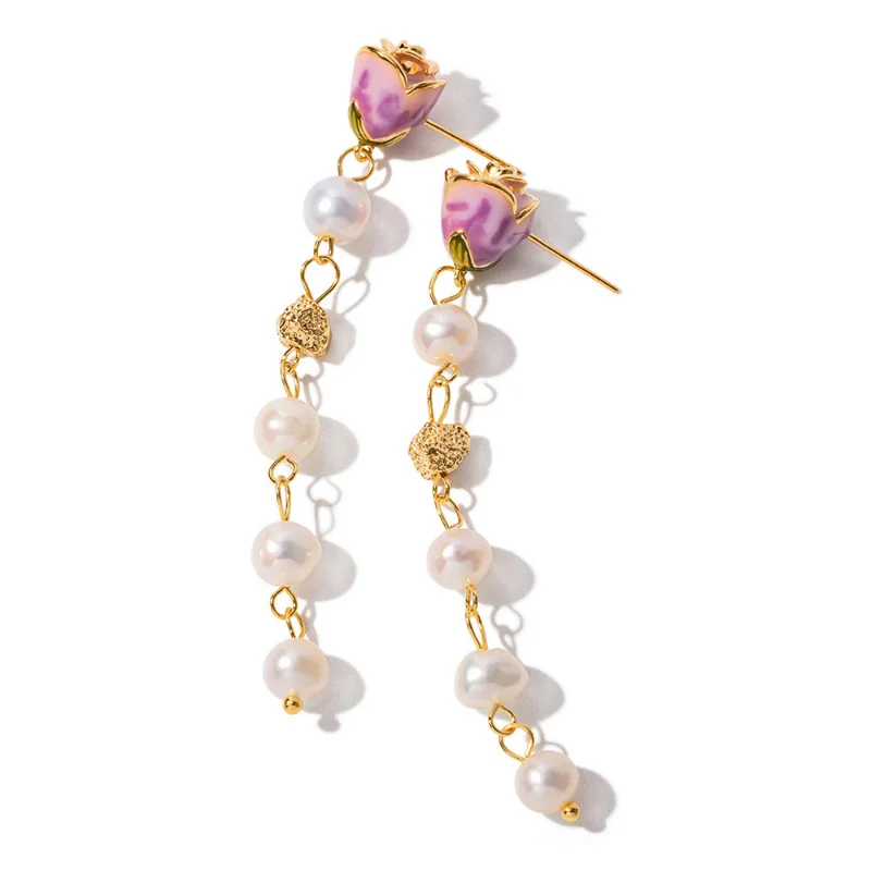 

ALLNEWME Handmade Freshwater Pearl Enamel Rose Flower Drop Earrings for Women 18K Real Gold Plating Brass Long Tassel Earring