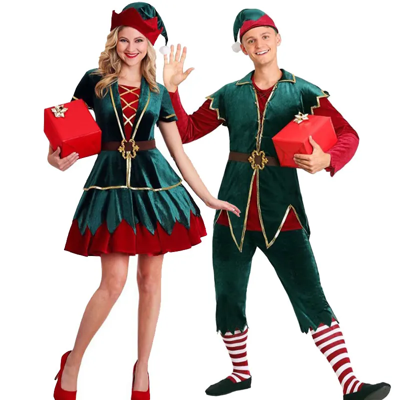 

Women Men Christmas Costume Cosplay Santa Claus Uniform Adults Green Elf Xmas Holiday Party Fancy Dress Costumes Suit For Adults