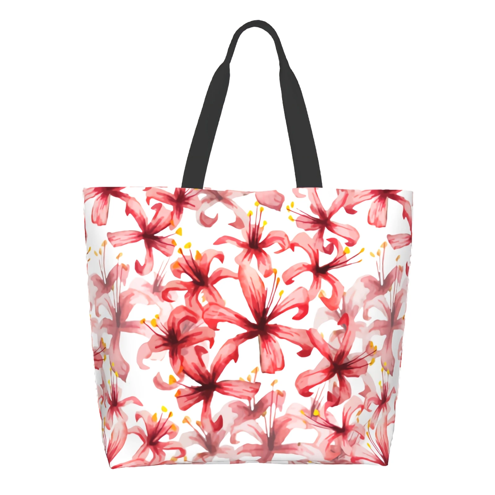 

Red Floral White Reusable Tote Bag Shopping Travel Storage Tote Lightweight Washable Shoulder Bags Handbag with Inside Pockets
