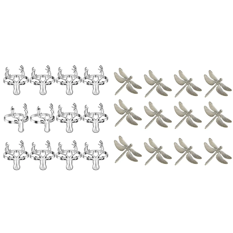 

12 Pcs Dragonfly Napkin Rings, Zinc Alloy Napkin Buckle Silver Napkin Ring & 12X Deer Napkin Rings