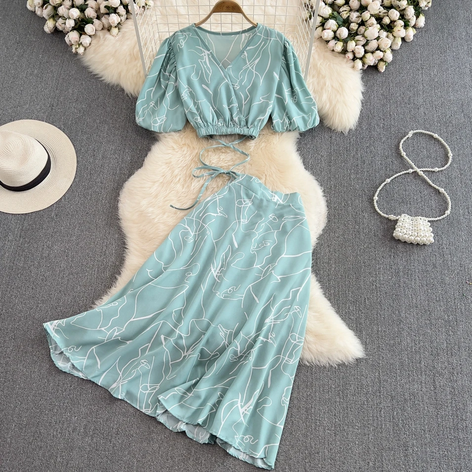 

2023 Fashion Set Women's V-neck Bubble Short Sleeve Waist Wrapped Short Top + High Waist Mid length A-line Dress Summer Set