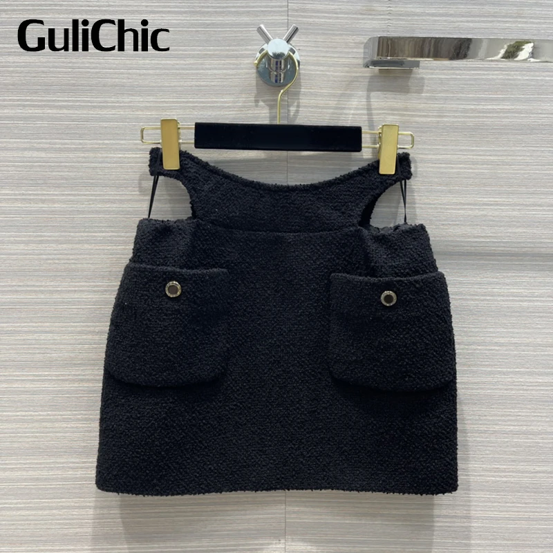 

Женская твидовая юбка GuliChic, черная элегантная подиумная юбка с вырезами, пуговицами и карманами, 5,19