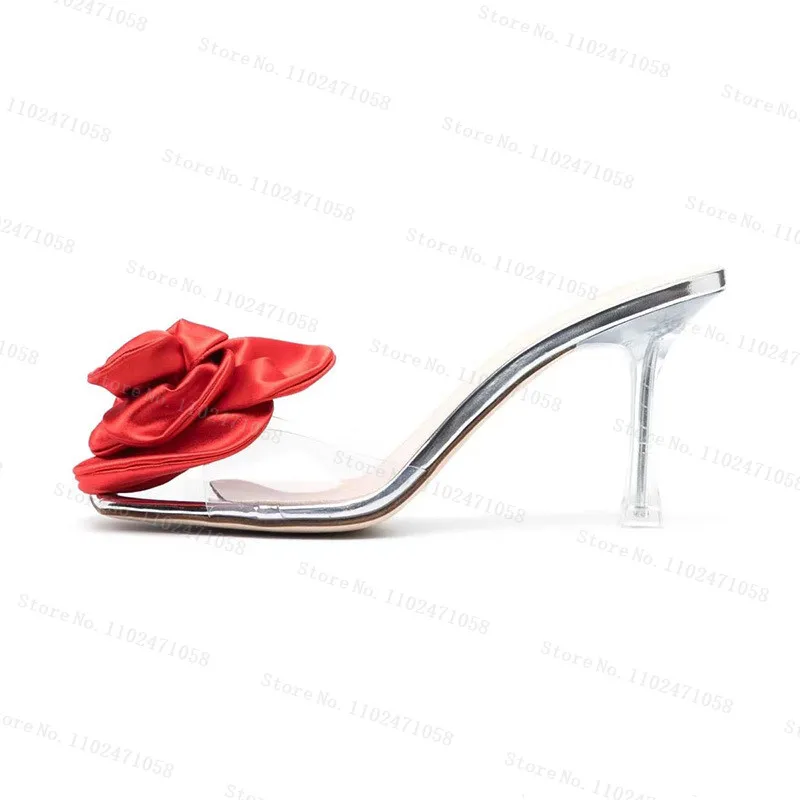 Red Rose Flowers Transparent Pvc Glass Slipper Round Toe Thin Heels Women Summer Sandals Fashion Ladies Party Dress Hight Heels