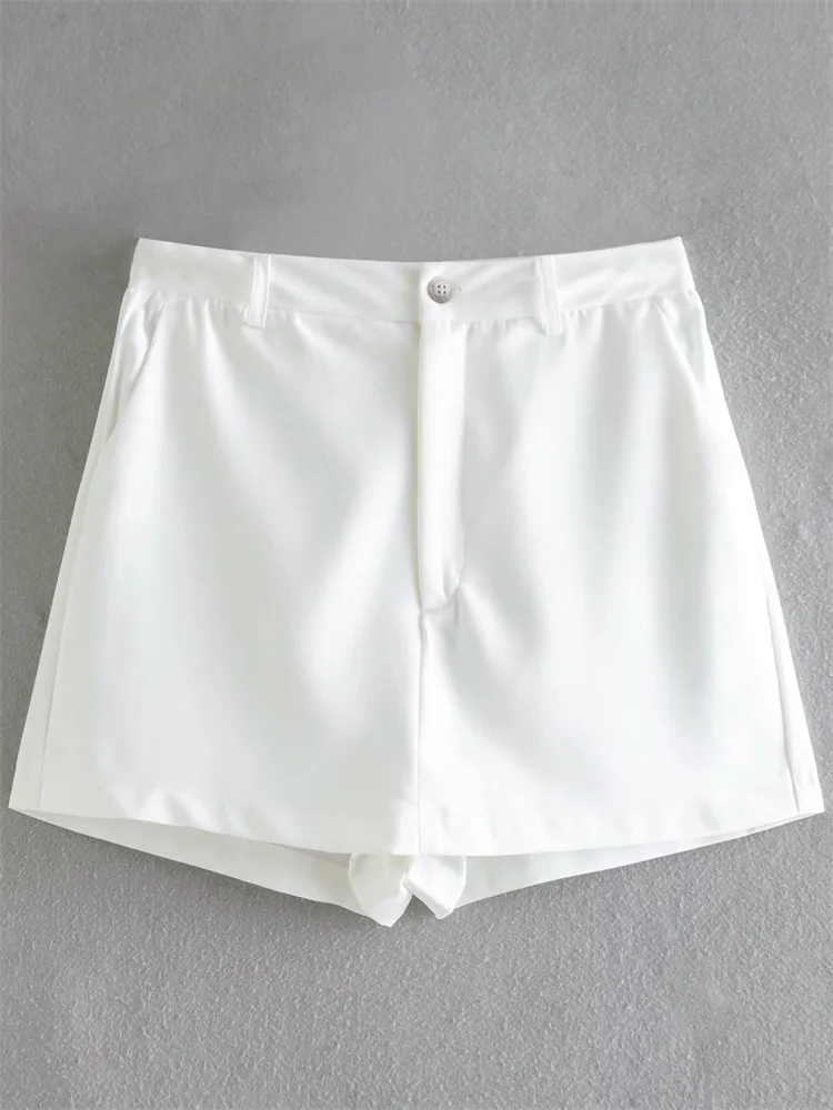 

ZXQJ Women 2022 Fashion Front Pleated Casual Side Pocket Shorts Vintage High Waist Button Up Female Short Pants Streetwear
