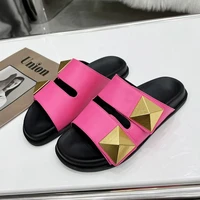 summer womens flat slippers high quality rivet real leather design sandals comfortable breathable beach vacation shoes ladies