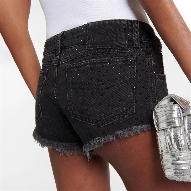 2023ss summer new women's low-waisted cotton inlaid diamond mini denim shorts y2k high-quality fashion sexy casual short shorts