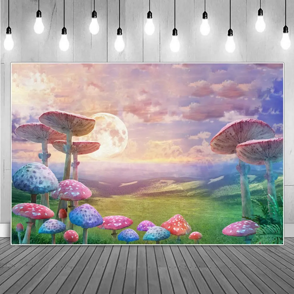 

Mushroom Green Gassland Photography Backgrounds Baby Clouds Moon Sky Forest Wonderland Party Home Decoration Photocall Backdrops