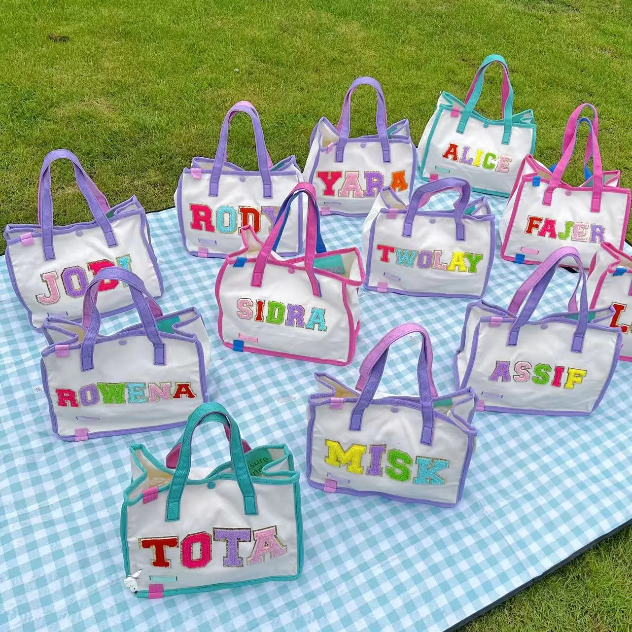 

Custom Chenille Embroidery Cotton Canvas Tote Bag--MAX 6 LETTERS--Shopping Handbag Button Closure Personalized Name