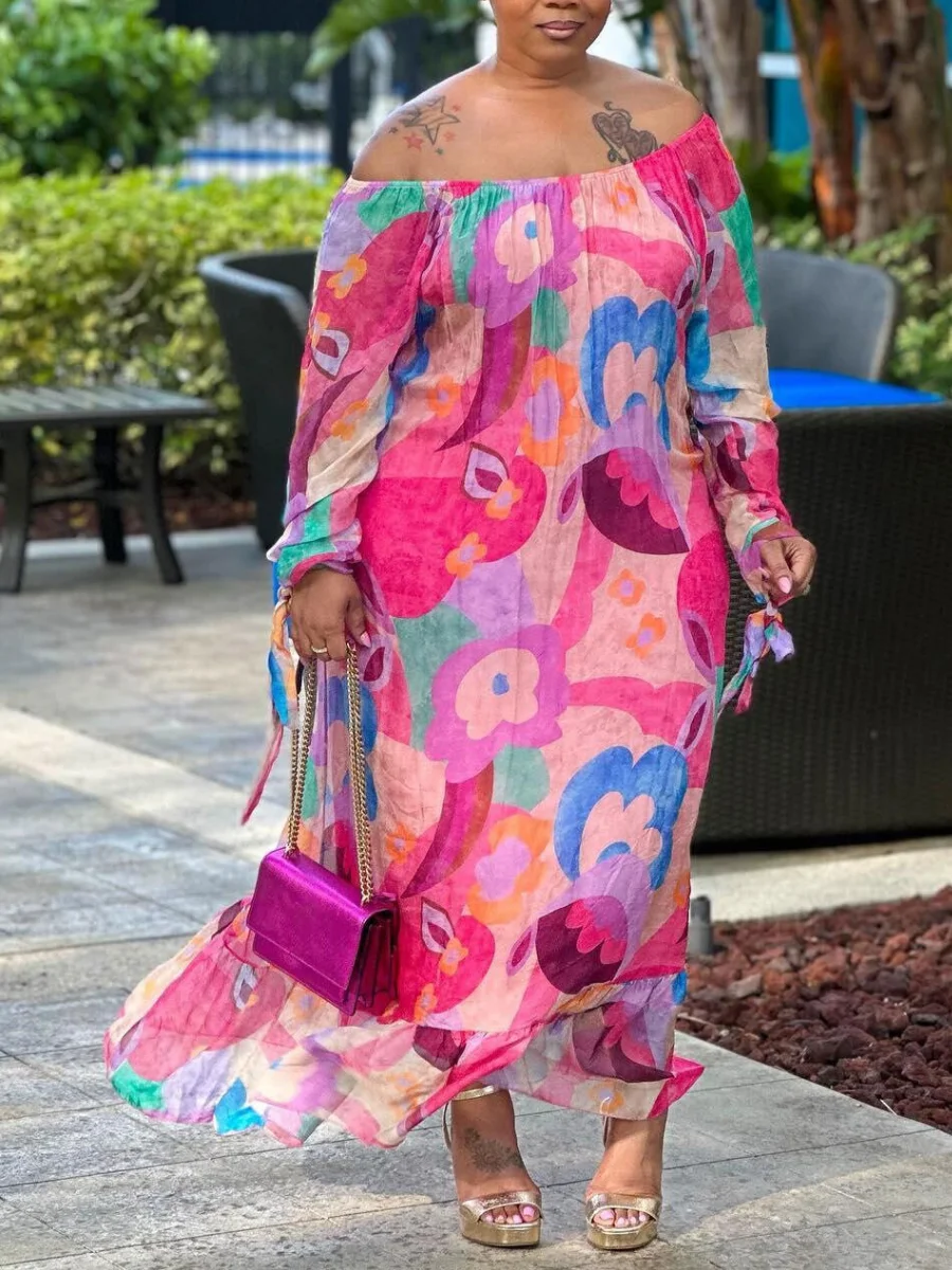 LW Plus Size dress Off The Shoulder Mixed Print Bandage Design Dress causal maxi dress Beach Long Dress Elegant Party Dresses