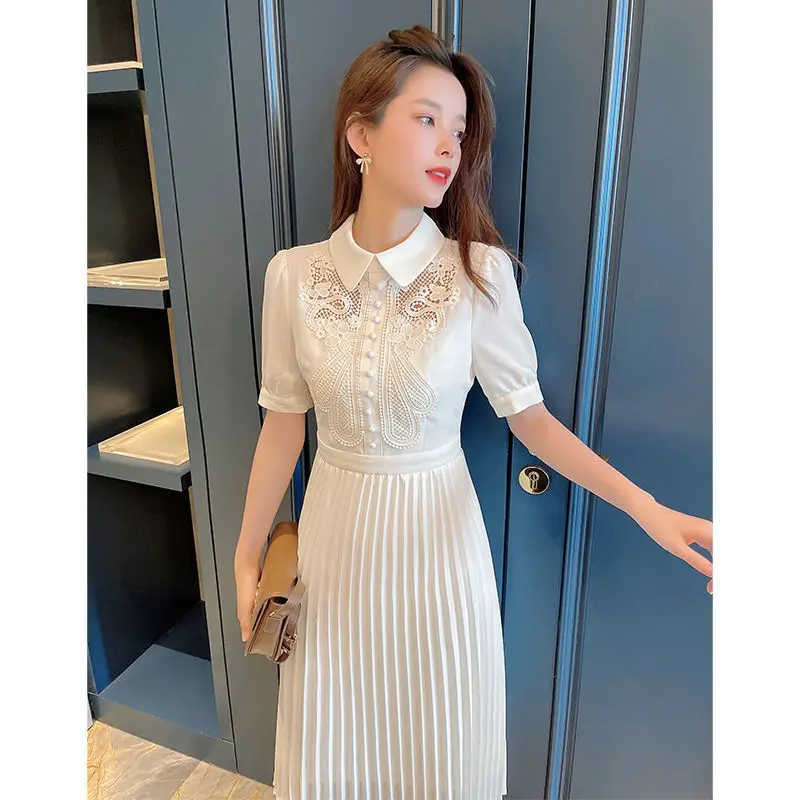 Женское плиссированное платье с коротким рукавом элегантное Кружевное белое