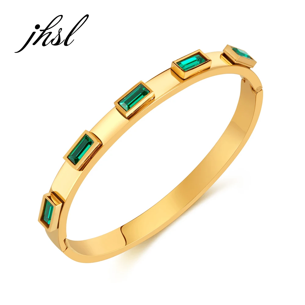 

JHSL Women Statement Bracelets Bangles Green Cubic Zirconia Stainless Steel Gold Color Girlfriend Gift Fashion Jewelry