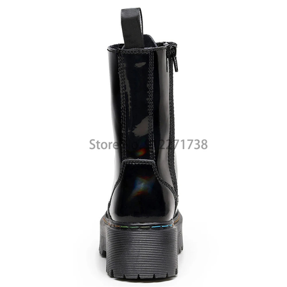 2022 New Mid Calf Boots Women Fashion Lace-up Zipper Botas Mujer Boots Black Reflective Platform Heel Ladies Shoes Gothic Punk