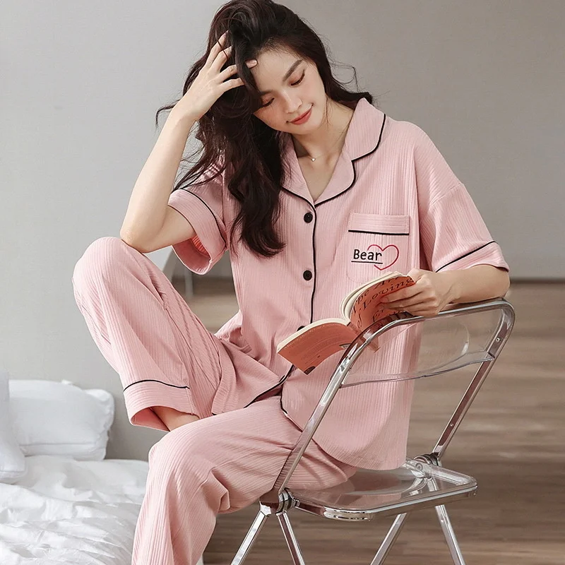 pajamas, women's spring  autumn cardigan, cotton short sleeved trousers, new loose, sweet  lovely  cartoon women's home clothes