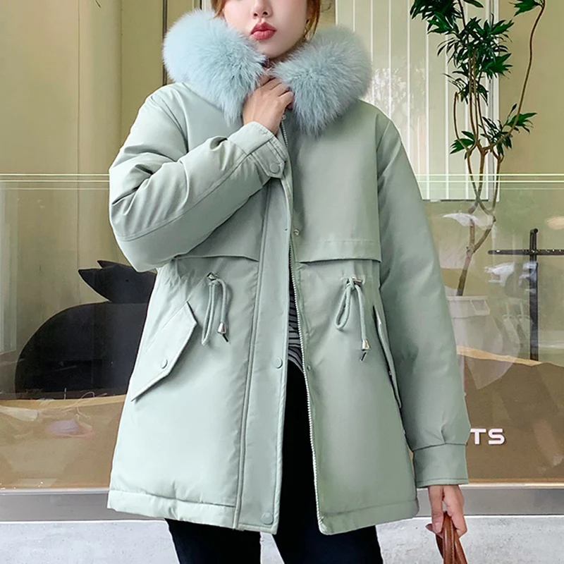 2022 Cotton Padded Fur Parka New Big Fur Collar Winter Jacket Women Thick Warm Parkas Female Outerwear