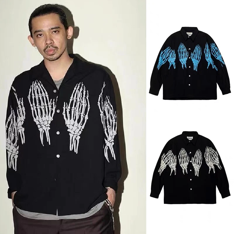 

Футболка 21aw с длинным рукавом, с принтом скелета, призрака, коготь, пляжные футболки, модная Гавайская футболка для мужчин и женщин